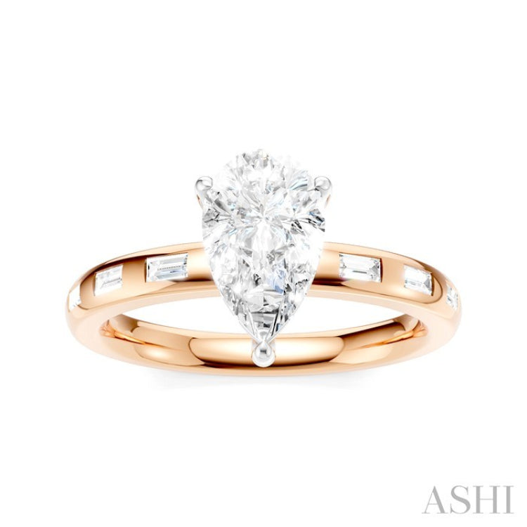 1/4 Ctw Pear Shape Baguette and Round Cut Diamond Semi-Mount Engagement Ring in 14K Rose and White Gold