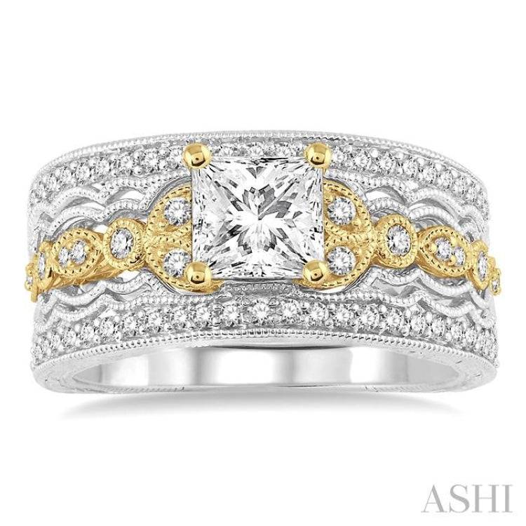 3/4 Ctw Diamond Wedding Set with 1/2 Ctw Princess Cut Engagement Ring and 1/3 Ctw Wedding Band in 14K Yellow and White Gold