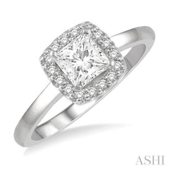 5/8 Ctw Halo Round Cut Diamond Ladies Engagement Ring With 1/2 Ct Princess Cut Center Stone in 14K White Gold