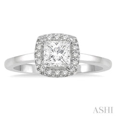 5/8 Ctw Halo Round Cut Diamond Ladies Engagement Ring With 1/2 Ct Princess Cut Center Stone in 14K White Gold