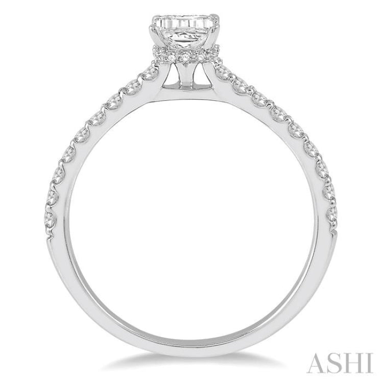 5/8 Ctw Round Cut Diamond Ladies Engagement Ring With 3/8 Ct Emerald Cut Center Stone in 14K White Gold