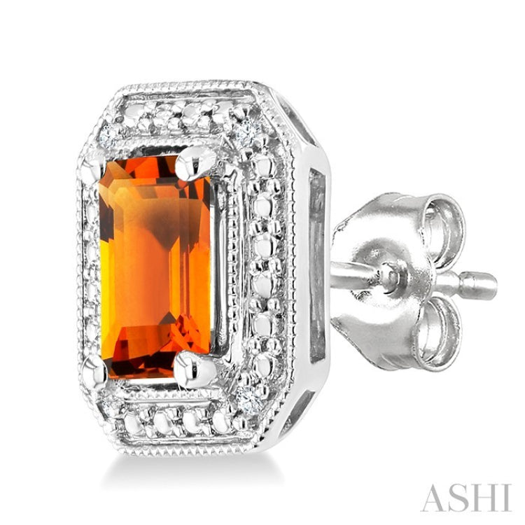 6X4 MM Octagon Shape Citrine and 1/50 Ctw Round Cut Diamond Semi-Precious Earrings in Sterling Silver