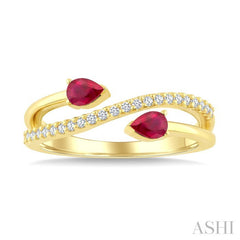 4X3 MM Pear Shape Ruby and 1/6 Ctw Round Cut Diamond Precious Ring in 10K Yellow Gold