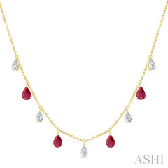 6X4 MM Pear Shape Ruby and 1 Ctw Pear Cut Diamond Precious Station Necklace in 14K Yellow Gold