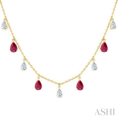 6X4 MM Pear Shape Ruby and 1 Ctw Pear Cut Diamond Precious Station Necklace in 14K Yellow Gold