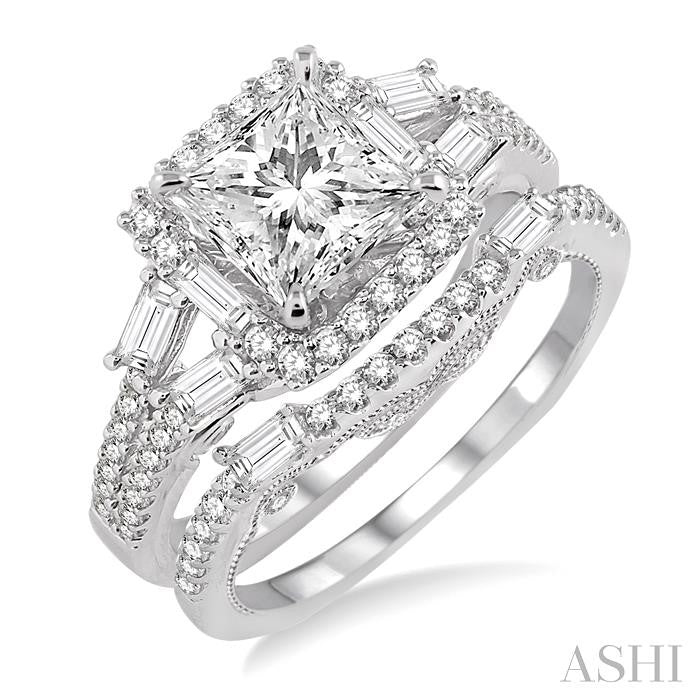 1 3/8 Ctw Diamond Wedding Set with 1 1/6 Ctw Princess Cut Engagement Ring and 1/4 Ctw Wedding Band in 14K White Gold