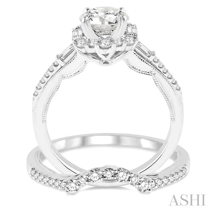1 1/3 Ctw Diamond Wedding Set with 1 1/10 Ctw Round Cut Engagement Ring and 1/5 Ctw Wedding Band in 14K White Gold