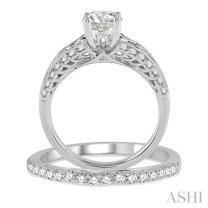 1 1/6 Ctw Diamond Wedding Set with 7/8 Ctw Round Cut Engagement Ring and 1/4 Ctw Wedding Band in 14K White Gold