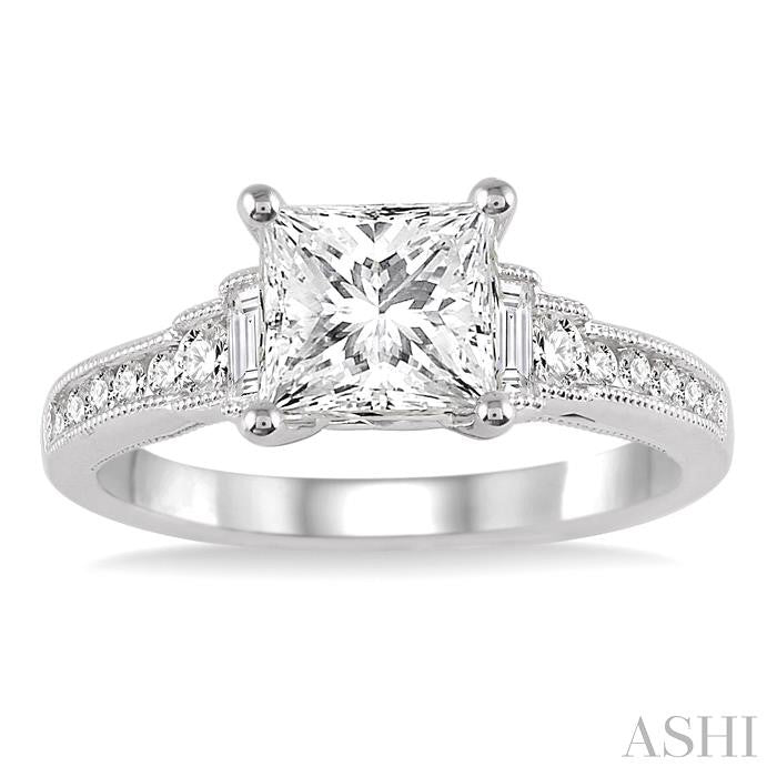 7/8 Ctw Diamond Engagement Ring with 1/2 Ct Princess Cut Center Stone in 14K White Gold