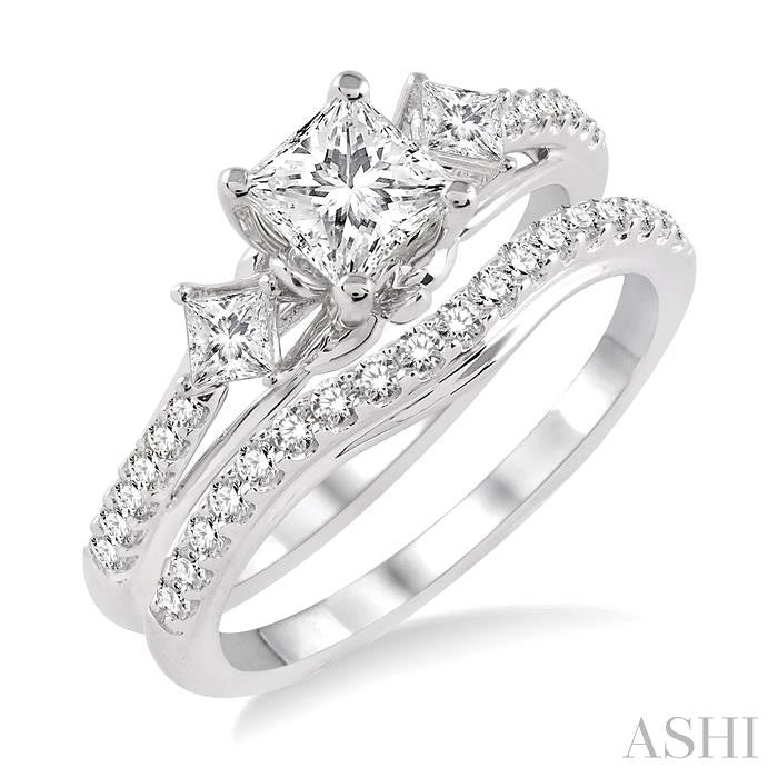 1 1/10 ctw Diamond Wedding Set with 7/8 ctw Princess Cut Engagement Ring and 1/4 ctw Wedding Band in 14K White Gold