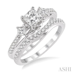 1 1/10 ctw Diamond Wedding Set with 7/8 ctw Princess Cut Engagement Ring and 1/4 ctw Wedding Band in 14K White Gold
