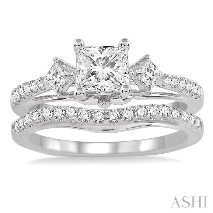 1 1/10 ctw Diamond Wedding Set with 7/8 ctw Princess Cut Engagement Ring and 1/4 ctw Wedding Band in 14K White Gold