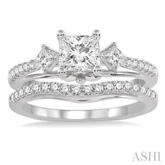 1 1/10 ctw Diamond Wedding Set with 7/8 ctw Princess Cut Engagement Ring and 1/4 ctw Wedding Band in 14K White Gold