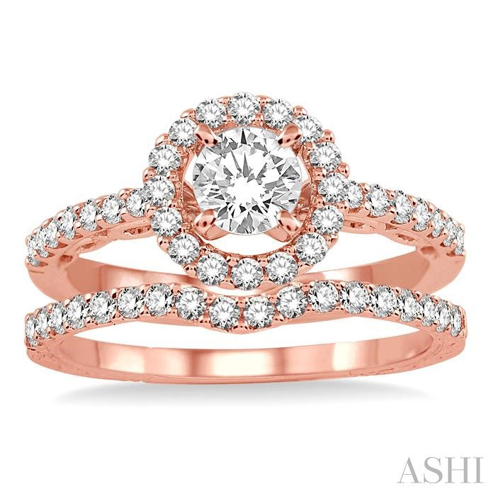 1 Ctw Diamond Wedding Set with 3/4 Ctw Round Cut Engagement Ring and 1/5 Ctw Wedding Band in 14K Rose Gold