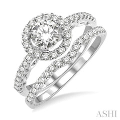 1 Ctw Diamond Wedding Set with 3/4 Ctw Round Cut Engagement Ring and 1/5 Ctw Wedding Band in 14K White Gold