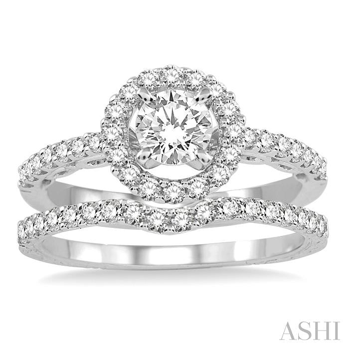 1 Ctw Diamond Wedding Set with 3/4 Ctw Round Cut Engagement Ring and 1/5 Ctw Wedding Band in 14K White Gold