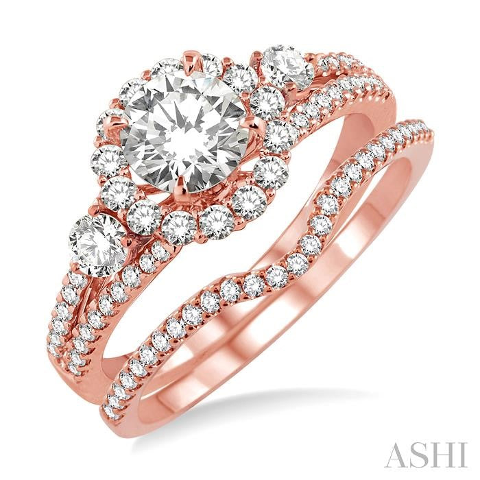 1 Ctw Diamond Wedding Set with 3/4 Ctw Round Cut Engagement Ring and 1/6 Ctw Wedding Band in 14K Rose Gold
