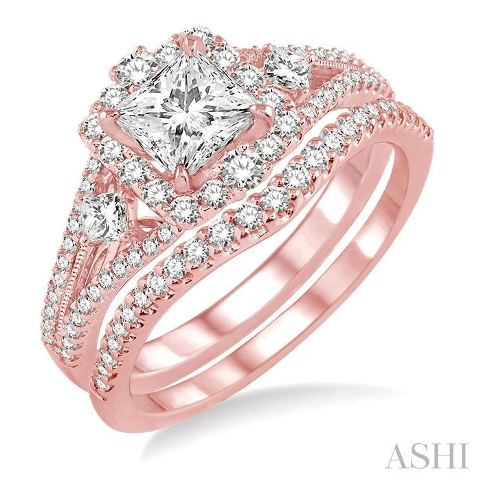 1 Ctw Diamond Wedding Set with 7/8 Ctw Princess Cut Engagement Ring and 1/6 Ctw Wedding Band in 14K Rose Gold