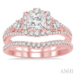 1 Ctw Diamond Wedding Set with 7/8 Ctw Princess Cut Engagement Ring and 1/6 Ctw Wedding Band in 14K Rose Gold