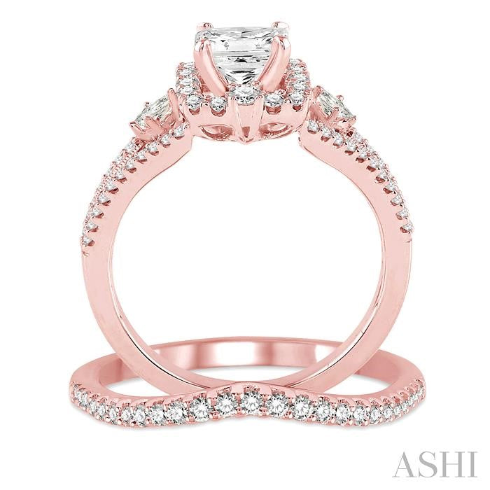 1 Ctw Diamond Wedding Set with 7/8 Ctw Princess Cut Engagement Ring and 1/6 Ctw Wedding Band in 14K Rose Gold
