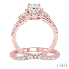 1 Ctw Diamond Wedding Set with 7/8 Ctw Princess Cut Engagement Ring and 1/6 Ctw Wedding Band in 14K Rose Gold