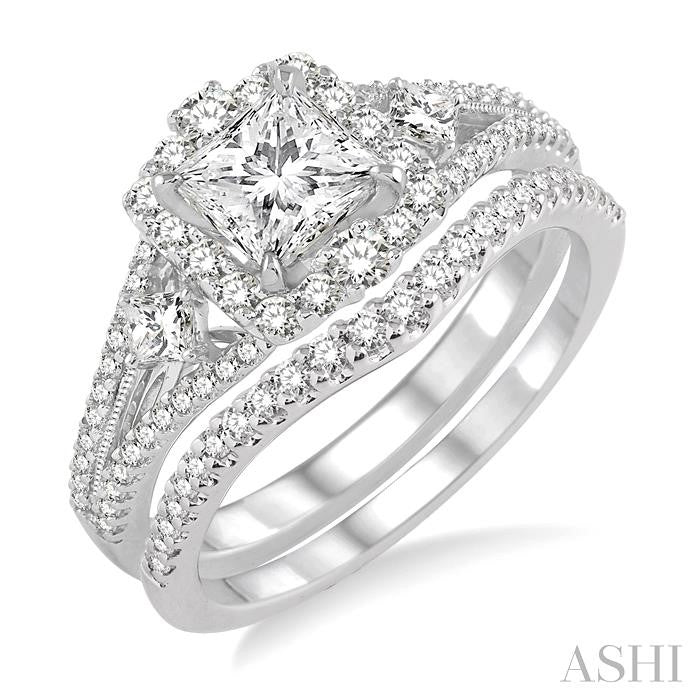 1 Ctw Diamond Wedding Set with 7/8 Ctw Princess Cut Engagement Ring and 1/6 Ctw Wedding Band in 14K White Gold