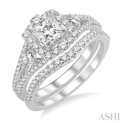 1 Ctw Diamond Wedding Set with 7/8 Ctw Princess Cut Engagement Ring and 1/6 Ctw Wedding Band in 14K White Gold