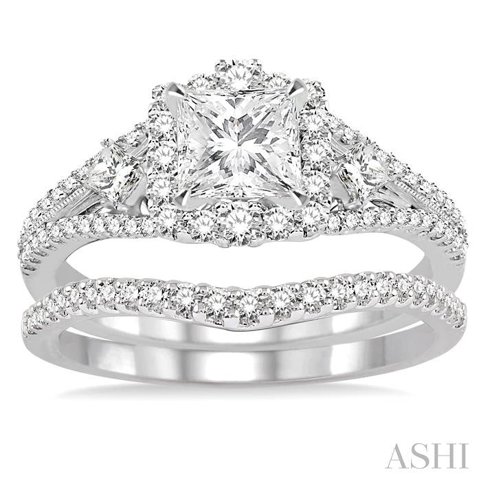 1 Ctw Diamond Wedding Set with 7/8 Ctw Princess Cut Engagement Ring and 1/6 Ctw Wedding Band in 14K White Gold