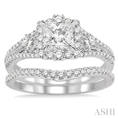 1 Ctw Diamond Wedding Set with 7/8 Ctw Princess Cut Engagement Ring and 1/6 Ctw Wedding Band in 14K White Gold