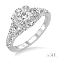 7/8 Ctw Diamond Engagement Ring with 1/3 Ct Princess Cut Center Stone in 14K White Gold