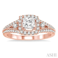 3/4 Ctw Diamond Engagement Ring with 1/4 Ct Princess Cut Center Stone in 14K Rose Gold