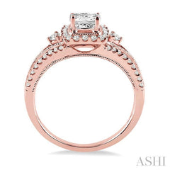 3/4 Ctw Diamond Engagement Ring with 1/4 Ct Princess Cut Center Stone in 14K Rose Gold