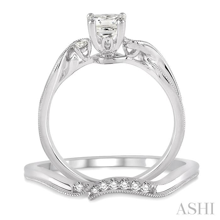 3/8 Ctw Diamond Wedding Set with 3/8 Ctw Princess Cut Engagement Ring and 1/20 Ctw Wedding Band in 14K White Gold