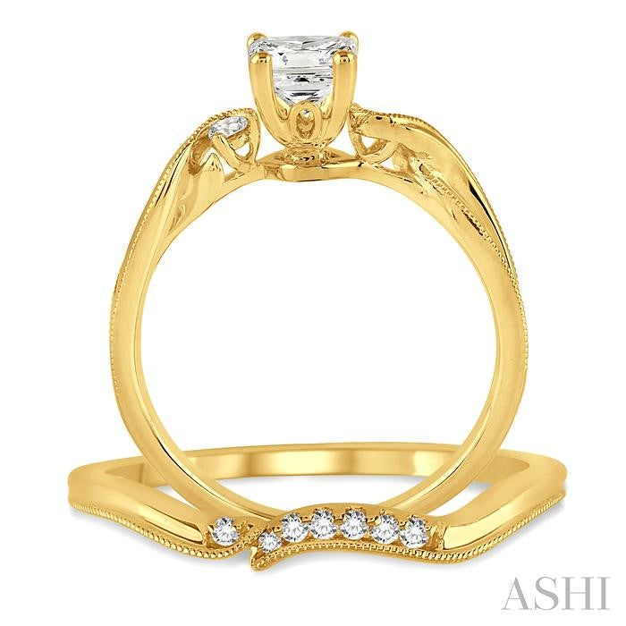 3/8 Ctw Diamond Wedding Set with 3/8 Ctw Princess Cut Engagement Ring and 1/20 Ctw Wedding Band in 14K Yellow Gold