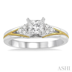 1/2 Ctw Diamond Engagement Ring with 1/3 Ct Princess Cut Center Stone in 14K White and Yellow Gold