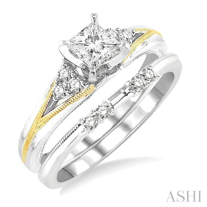 1/2 Ctw Diamond Wedding Set with 1/2 Ctw Princess Cut Engagement Ring and 1/10 Ctw Wedding Band in 14K White and Yellow Gold