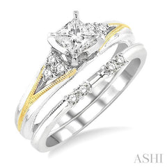 1/2 Ctw Diamond Wedding Set with 1/2 Ctw Princess Cut Engagement Ring and 1/10 Ctw Wedding Band in 14K White and Yellow Gold