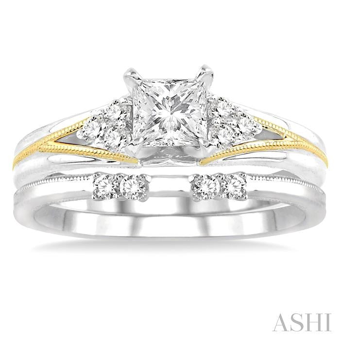 1/2 Ctw Diamond Wedding Set with 1/2 Ctw Princess Cut Engagement Ring and 1/10 Ctw Wedding Band in 14K White and Yellow Gold