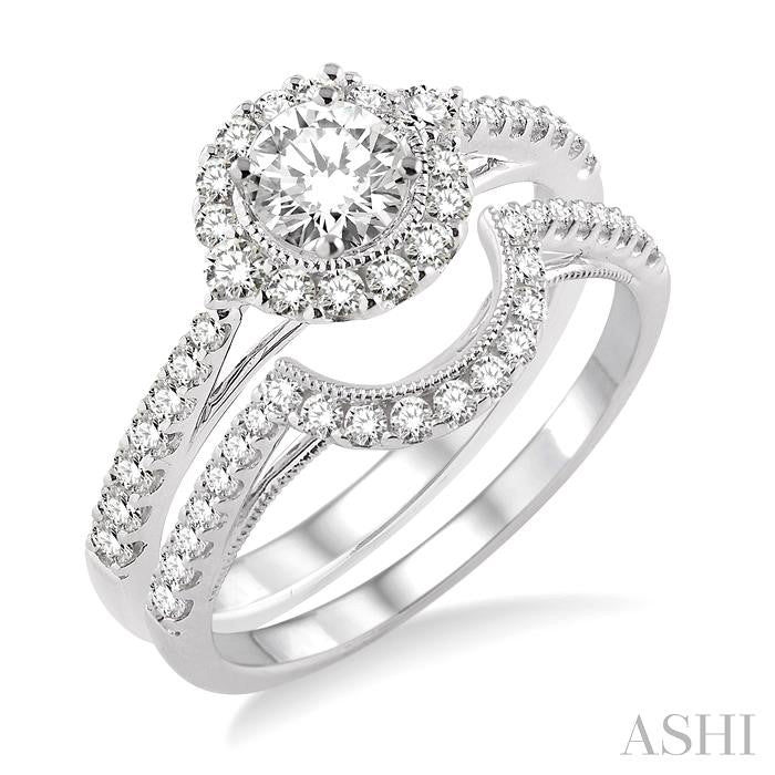 3/4 Ctw Diamond Wedding Set with 5/8 Ctw Round Cut Engagement Ring and 1/5 Ctw Wedding Band in 14K White Gold