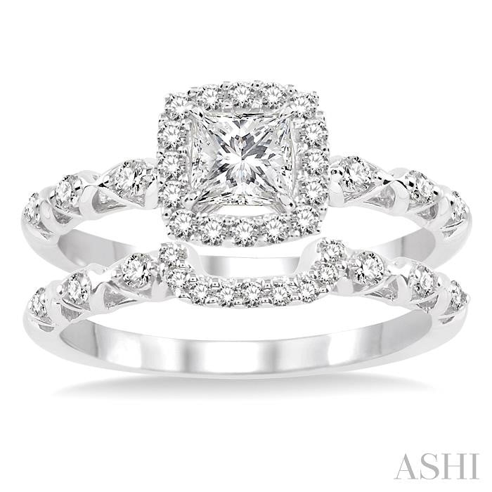 5/8 Ctw Diamond Wedding Set with 1/2 Ctw Princess Cut Engagement Ring and 1/6 Ctw Wedding Band in 14K White Gold