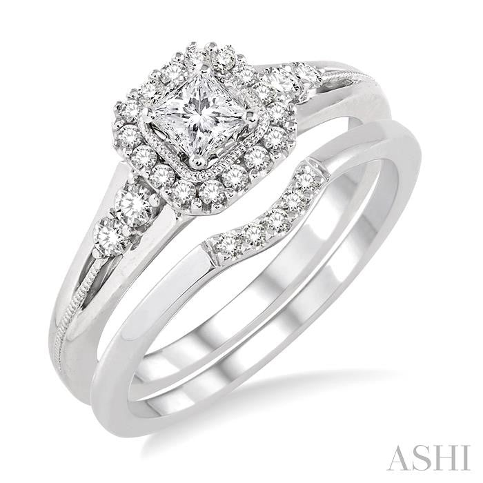1/2 Ctw Diamond Wedding Set with 1/2 Ctw Princess Cut Engagement Ring and 1/20 Ctw Wedding Band in 14K White Gold