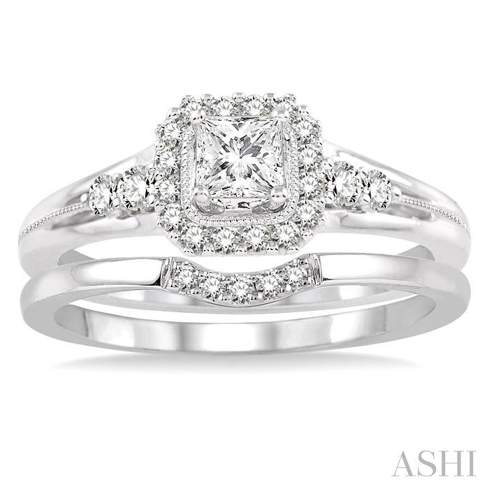 1/2 Ctw Diamond Wedding Set with 1/2 Ctw Princess Cut Engagement Ring and 1/20 Ctw Wedding Band in 14K White Gold