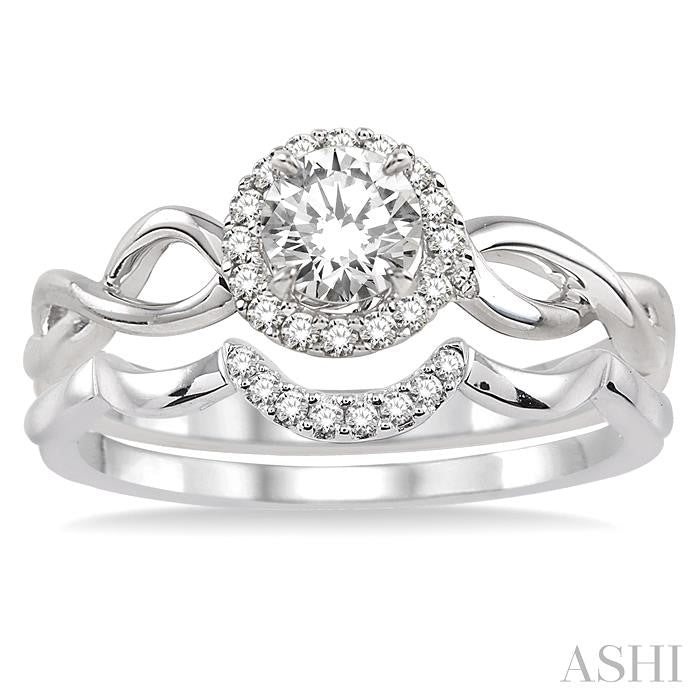 3/8 Ctw Diamond Wedding Set with 1/3 Ctw Round Cut Engagement Ring and 1/20 Ctw Wedding Band in 14K White Gold