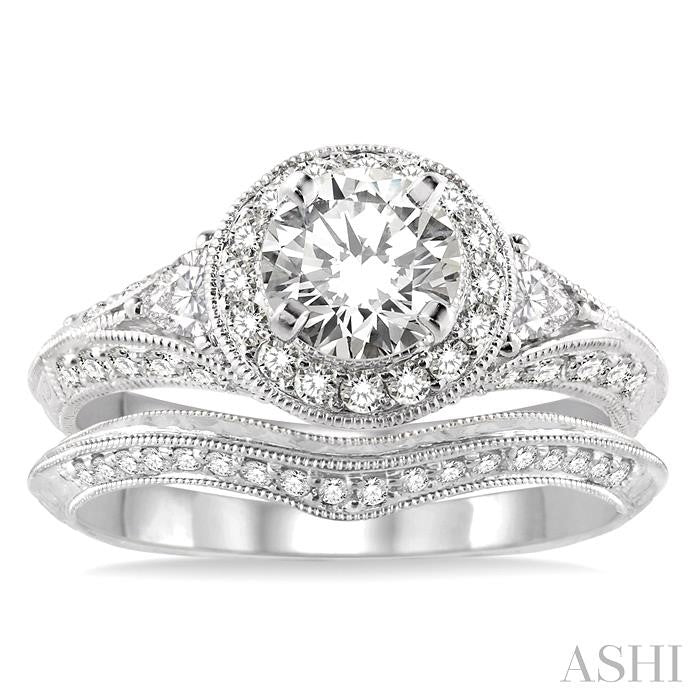 1 1/2 Ctw Diamond Wedding Set with 1 1/3 Ctw Round Cut Engagement Ring and 1/10 Ctw Wedding Band in 14K White Gold