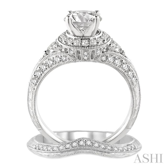 1 1/2 Ctw Diamond Wedding Set with 1 1/3 Ctw Round Cut Engagement Ring and 1/10 Ctw Wedding Band in 14K White Gold