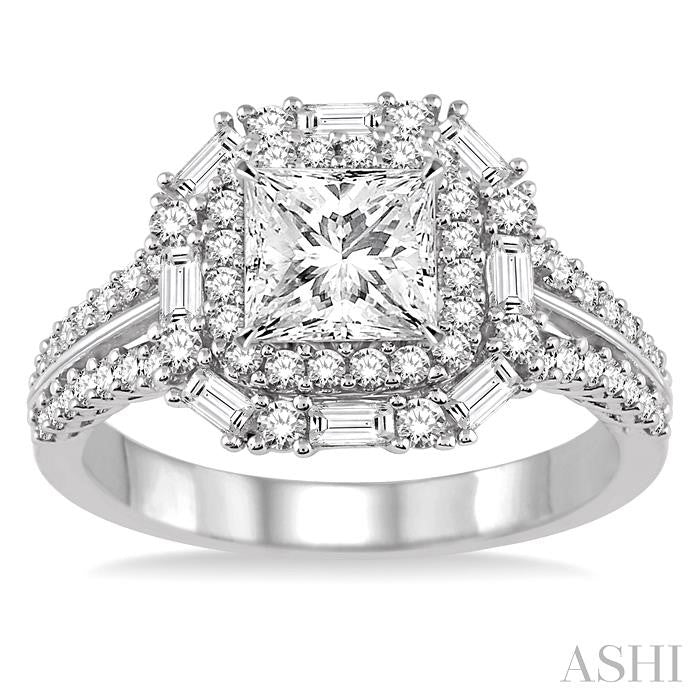 1 1/2 Ctw Diamond Engagement Ring with 3/4 Ct Princess Cut Center Stone in 14K White Gold