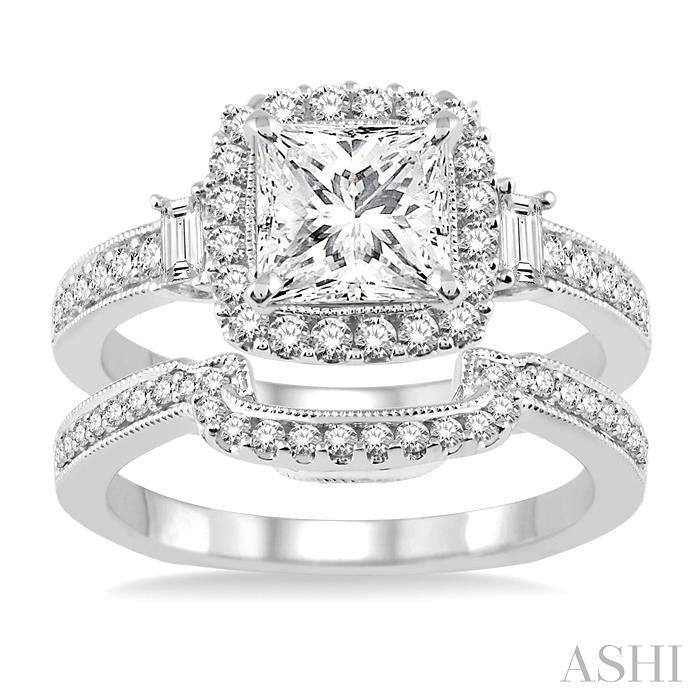 1 1/2 Ctw Diamond Wedding Set with 1 1/3 Ctw Princess Cut Engagement Ring and 1/5 Ctw Wedding Band in 14K White Gold