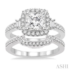 1 1/2 Ctw Diamond Wedding Set with 1 1/3 Ctw Princess Cut Engagement Ring and 1/5 Ctw Wedding Band in 14K White Gold