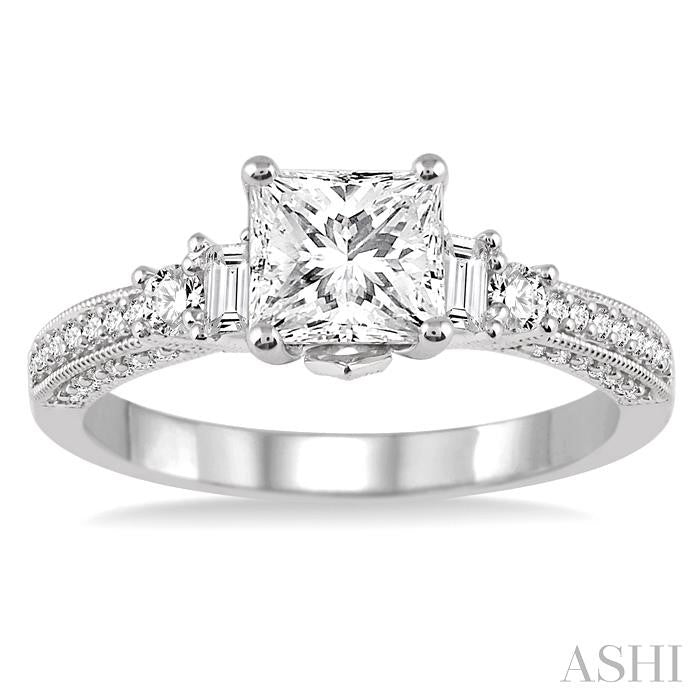 7/8 Ctw Diamond Engagement Ring with 1/2 Ct Princess Cut Center Stone in 14K White Gold
