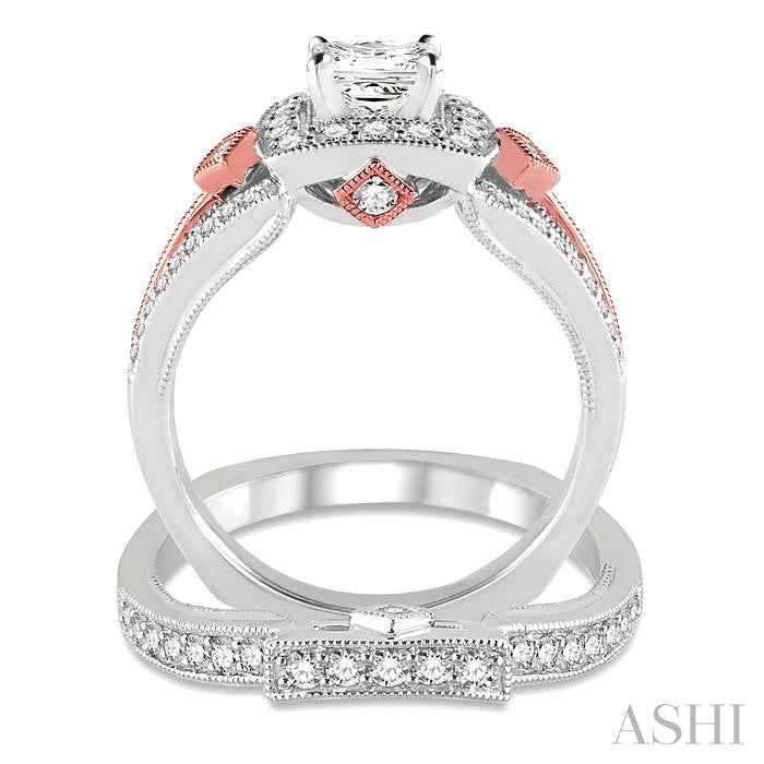 1 1/5 Ctw Diamond Wedding Set with 1 Ctw Princess Cut Engagement Ring and 1/4 Ctw Wedding Band in 14K White and Rose Gold